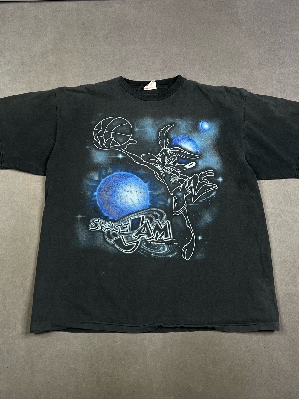 Vintage Black Space Jam Bugs Bunny Graphic Tee with Blue Accents